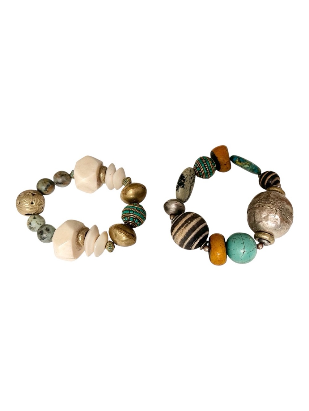 Chunky Boho Multi-Bead Stretch Bracelets in Turquoise, Cream & Brass